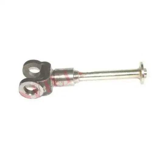 Hydraulic fork clevis with plunger-style pin, silver metal fork end and threaded shaft