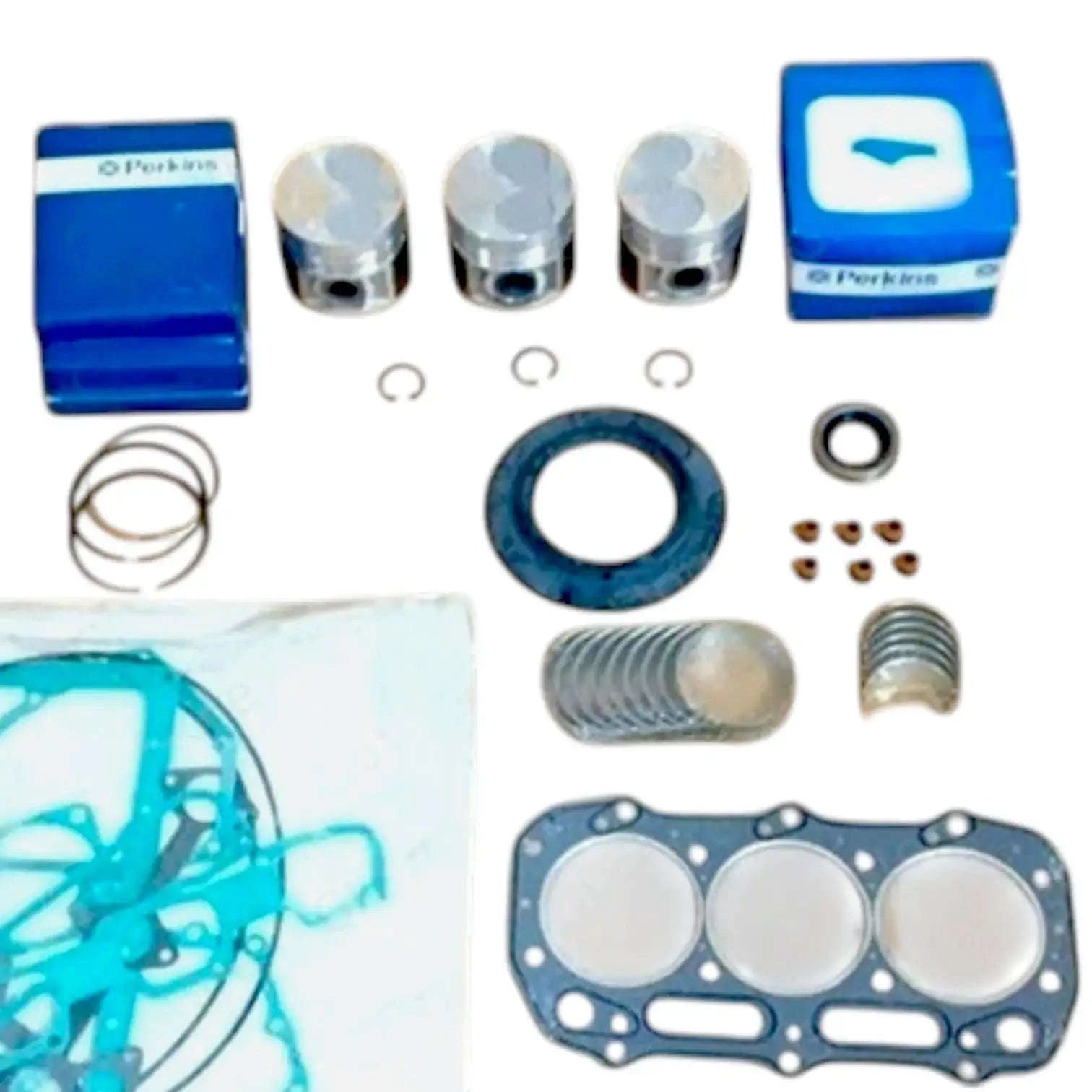 Engine overhaul kit with pistons, gaskets, and seals for reducing overhaul engine cost