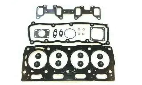 Engine head gasket set with metal and rubber gaskets, bolts, and seals