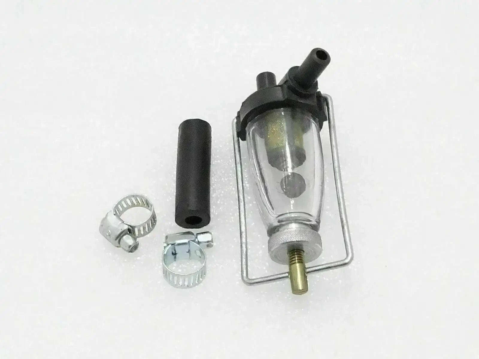 Glass fuel filter assembly with metal fittings and clamp, transparent body