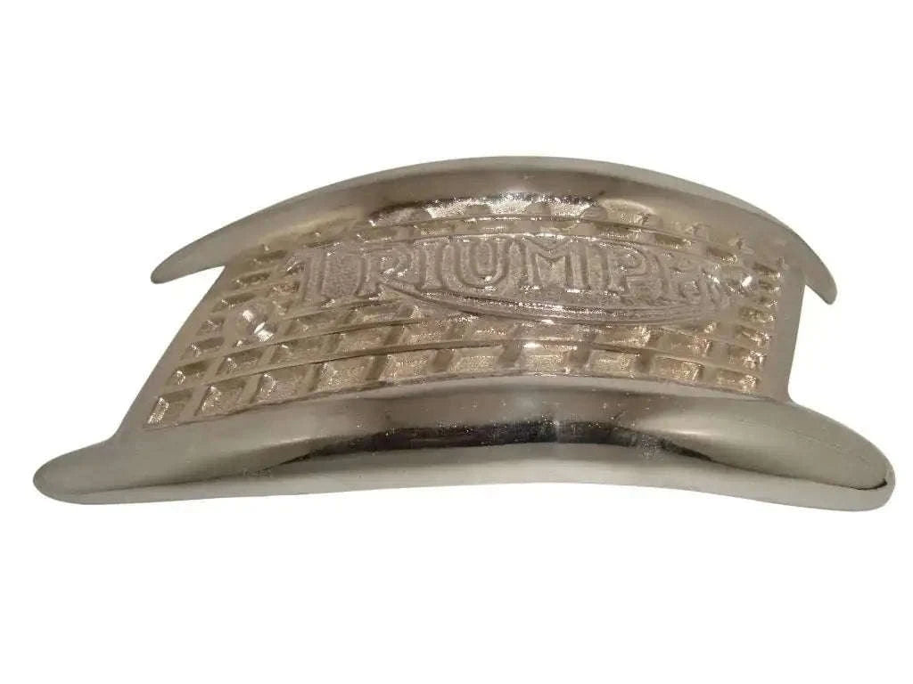 Triumph fuel tank badge, chrome oval with embossed TRIUMPH lettering