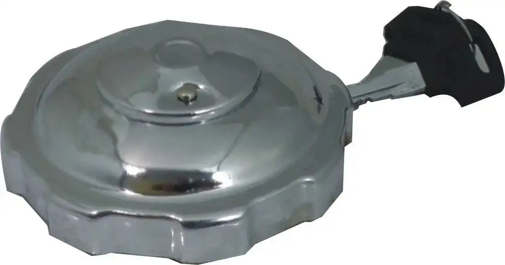 Lockable petrol tank cap in chrome finish with key, designed for secure fuel access