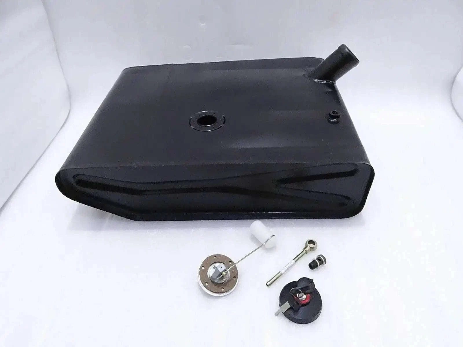 Black fuel tank with cap and sender parts, including banjo nut and fittings