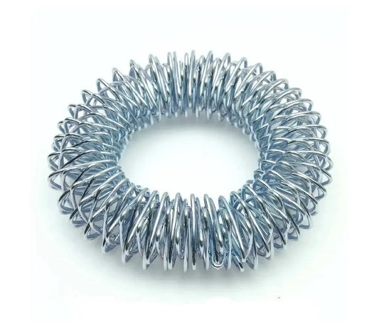 Acupressure massage ring bracelet, silver spring coil with pointed spikes