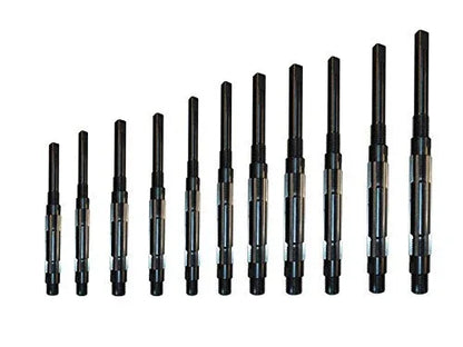 Adjustable Hand Reamer Set with 11 pieces, steel construction for precision hole finishing
