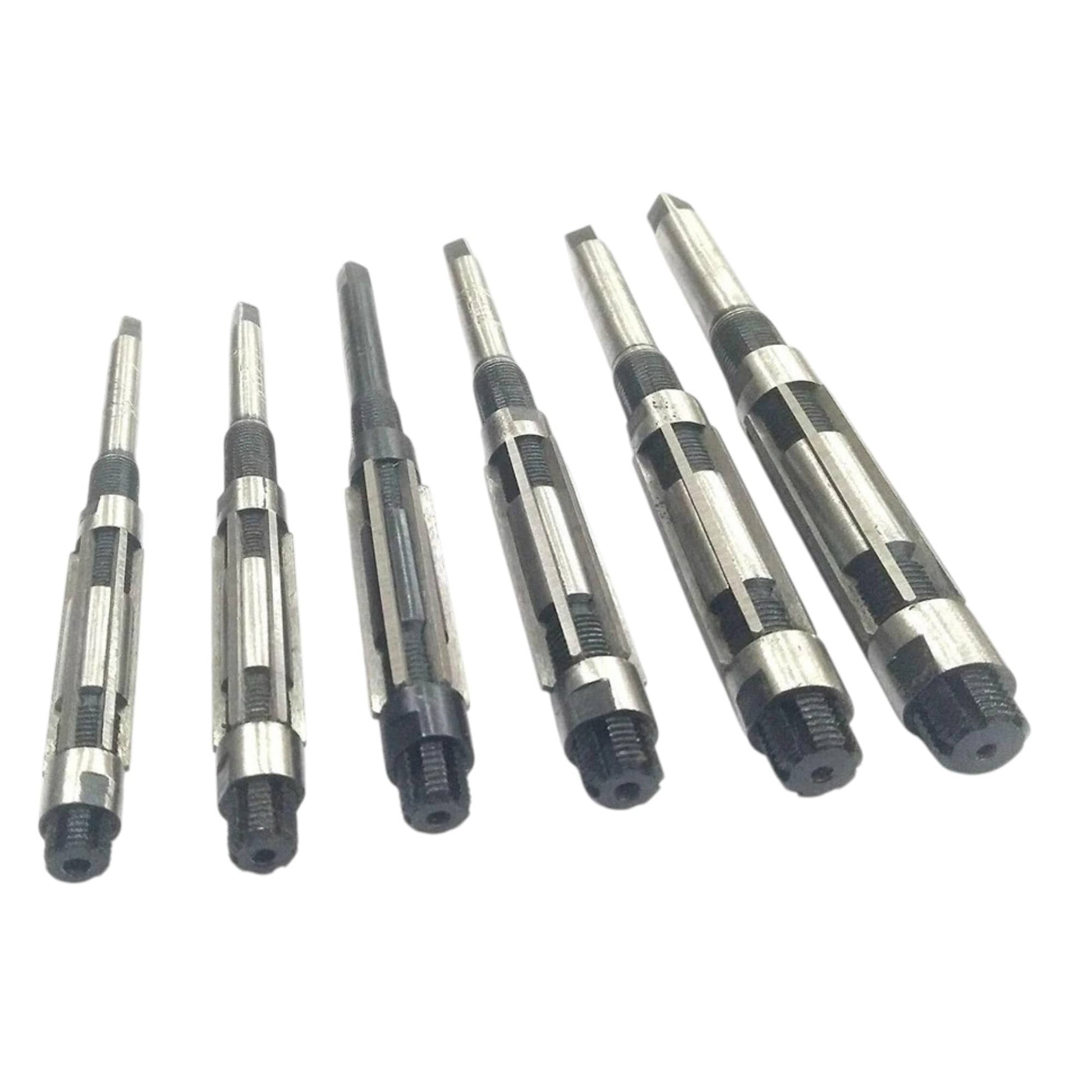 Adjustable Hand Reamer Set, six-piece, steel construction for precision hole enlarging