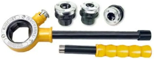 Pipe threader ratchet die handle set with yellow grip and metal die heads