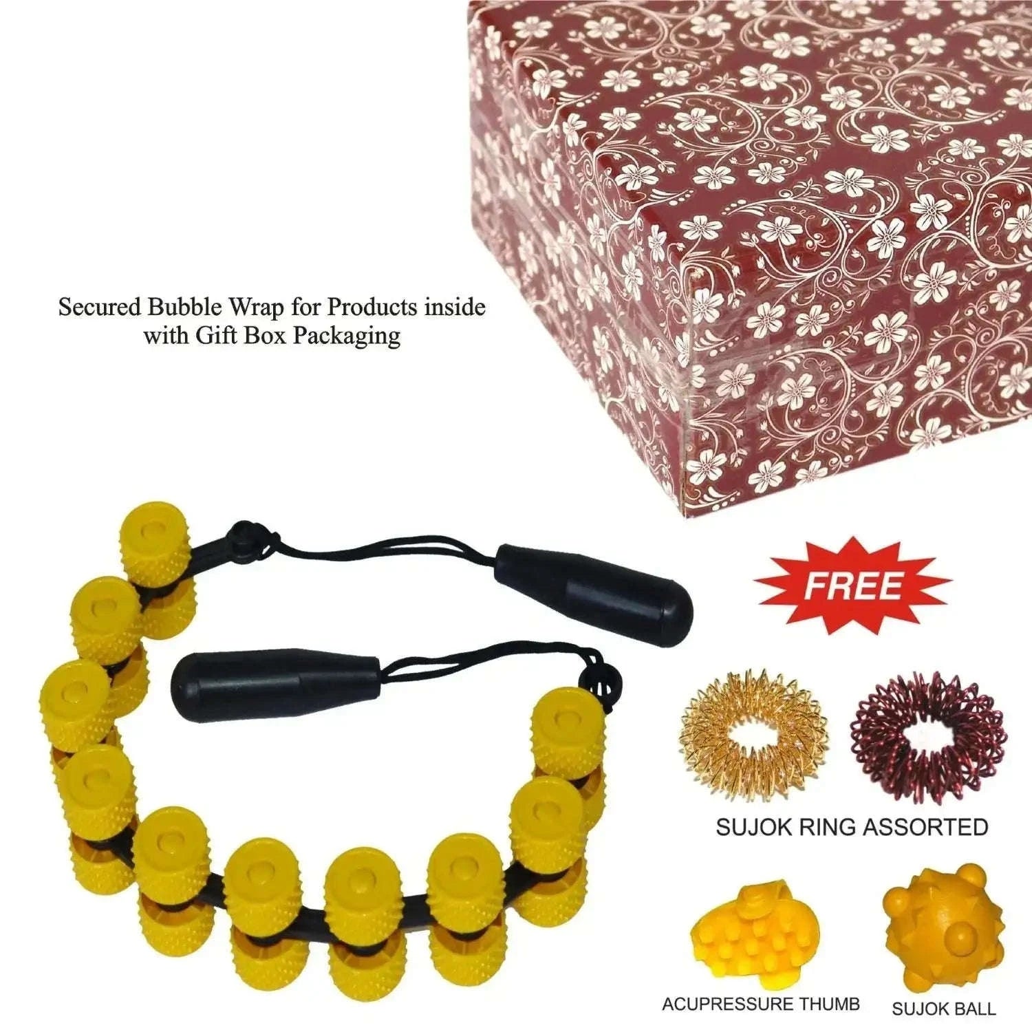 ACUPRESSURE back massager with pointed wheels for targeted body relief, includes bubble wrap and gift box packaging
