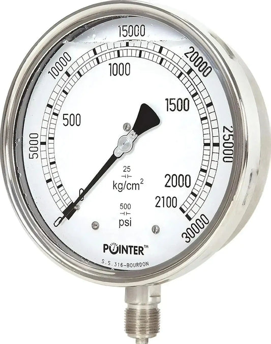 Dual scale high pressure gauge with white dial, black needle, psi and kg/cm² markings