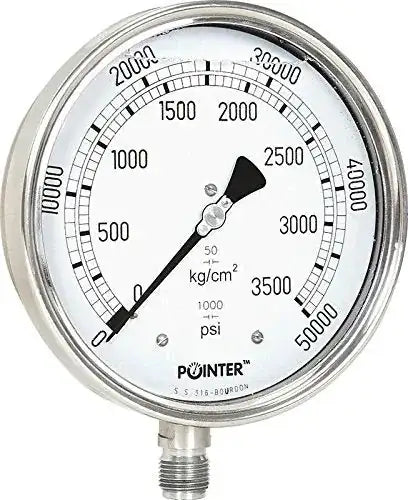 Dual-scale pressure gauge, metal casing, black pointer; psi and kg/cm² dial face