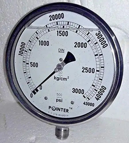 Dual-scale pressure gauge face with dark bezel, bar and psi dial markings, pointer