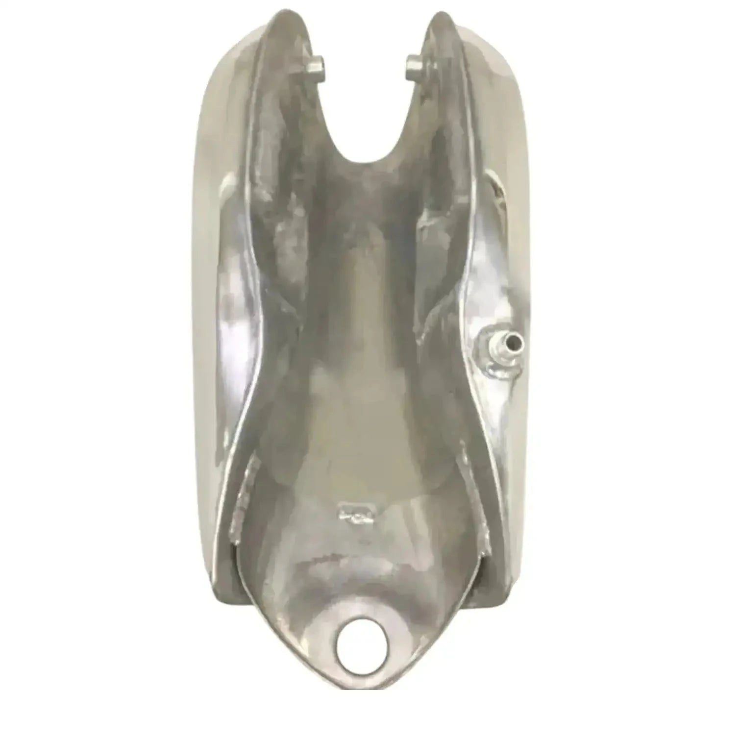 Polished aluminum fuel tank with two mounting studs and round outlet opening