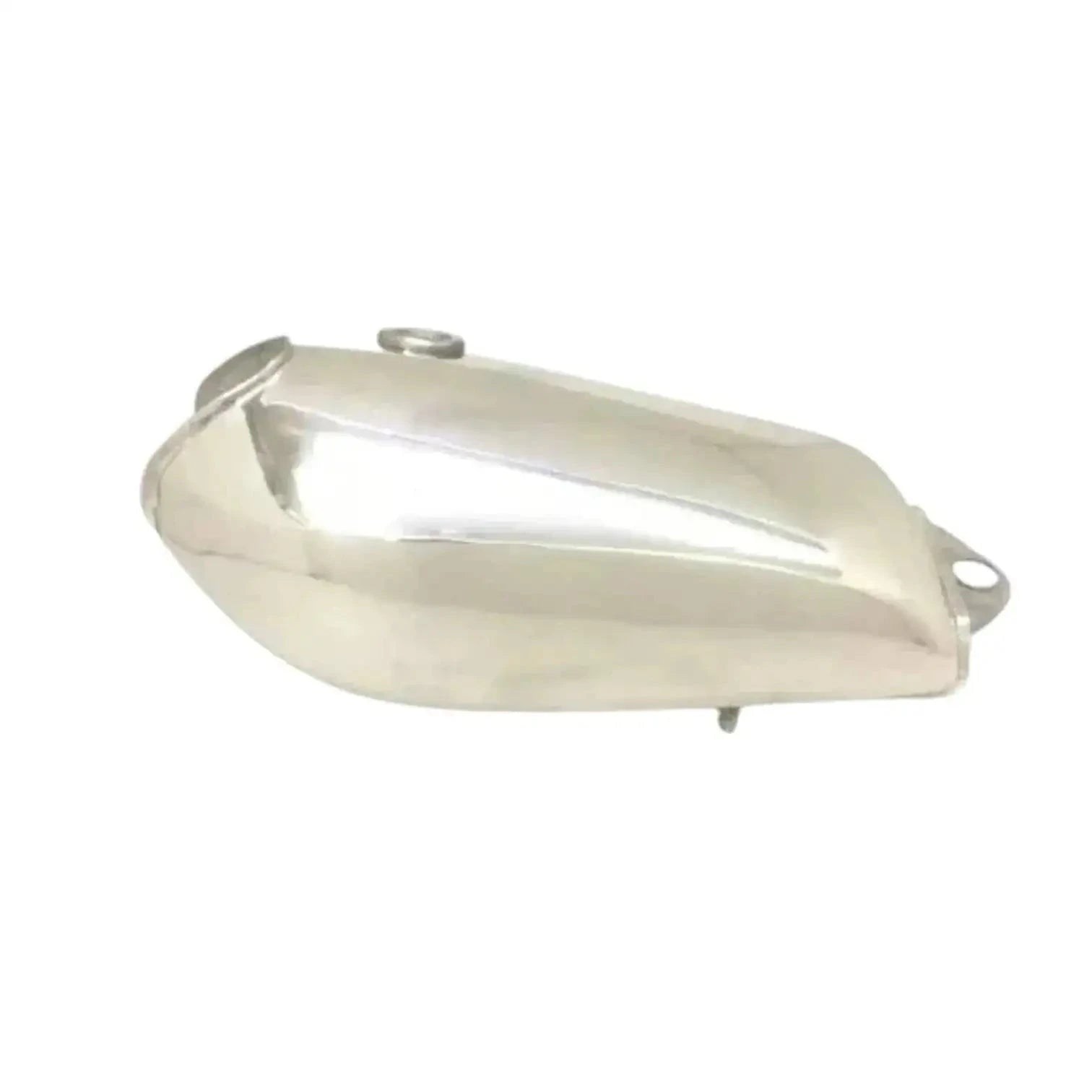 Polished aluminum fuel tank with smooth curved profile and side mounting holes