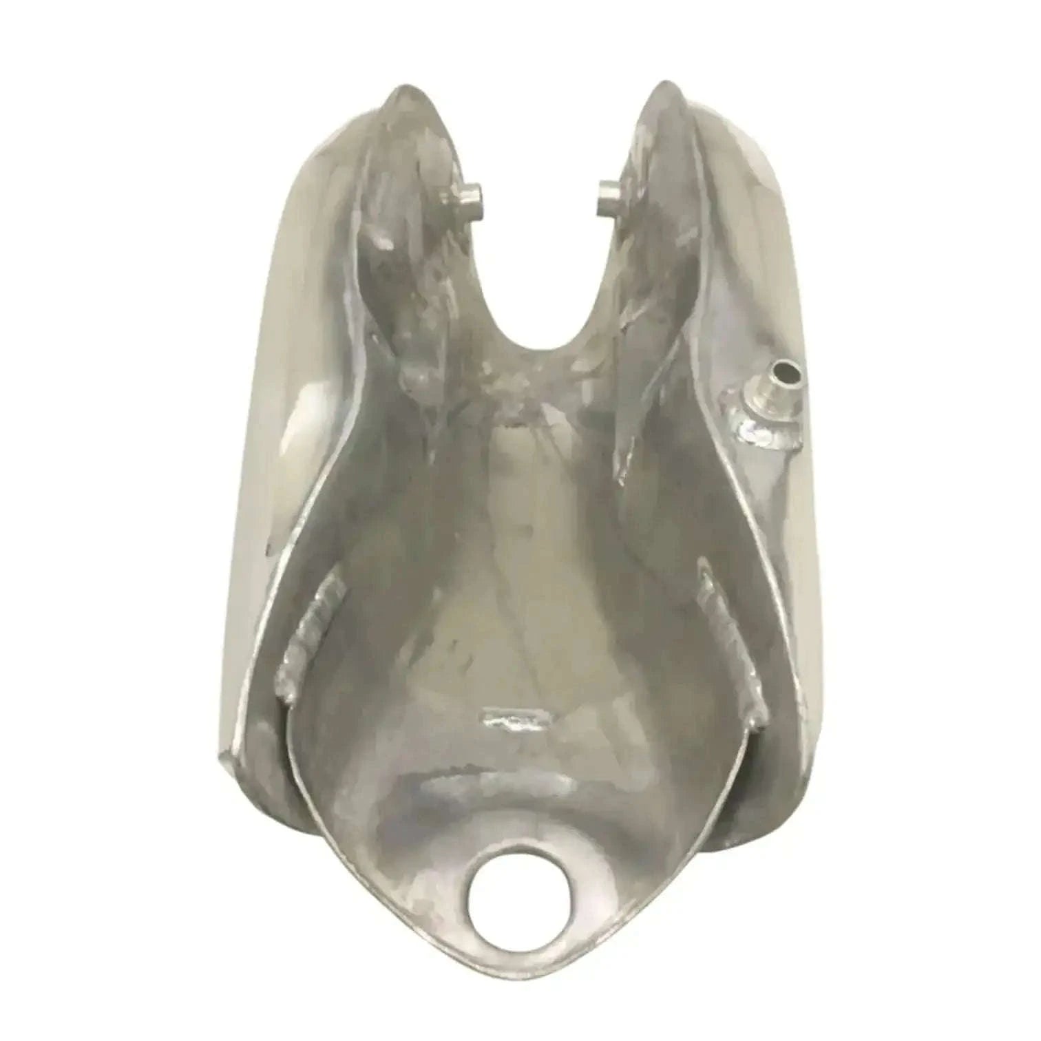 Polished aluminum fuel tank cover with circular outlet hole and mounting tabs