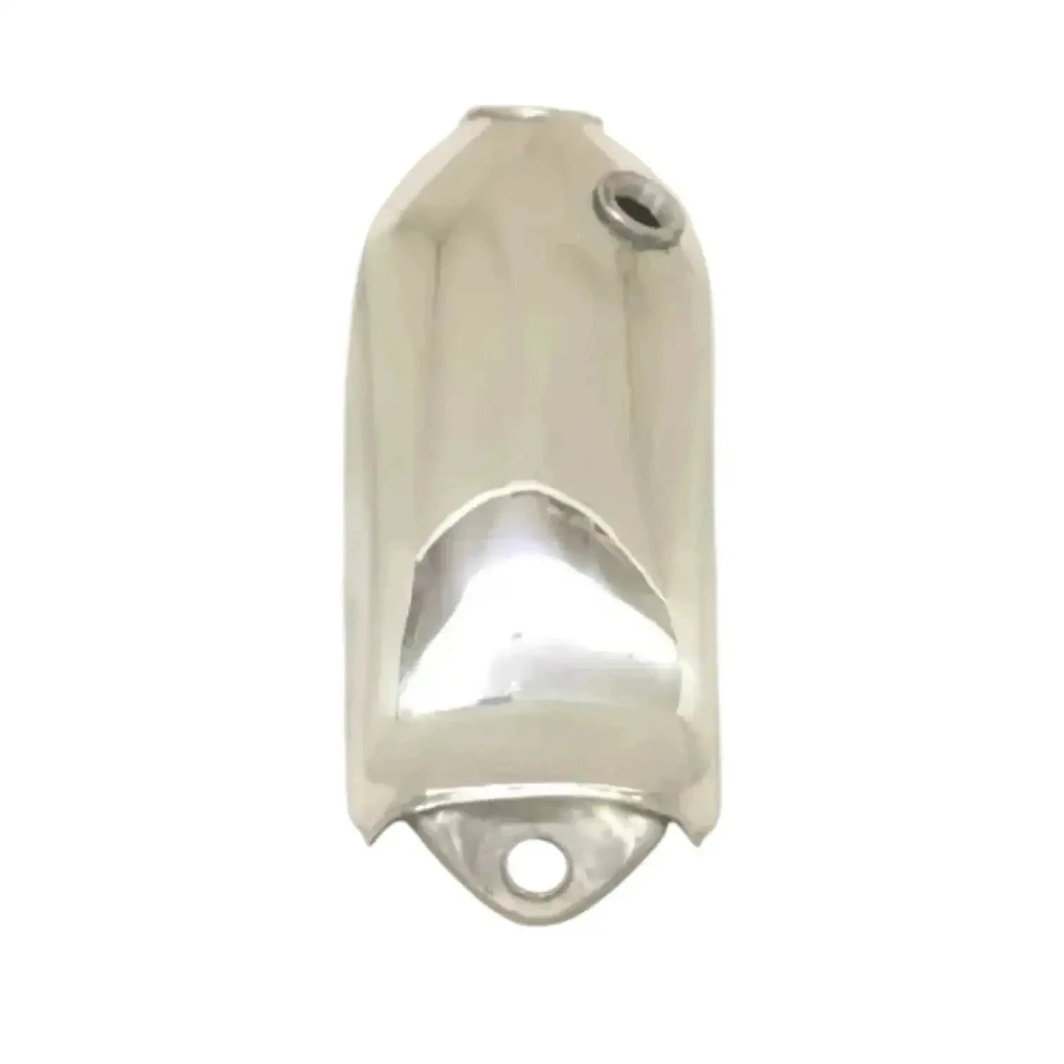 Polished aluminum fuel tank shell with top cap opening and outlet hole