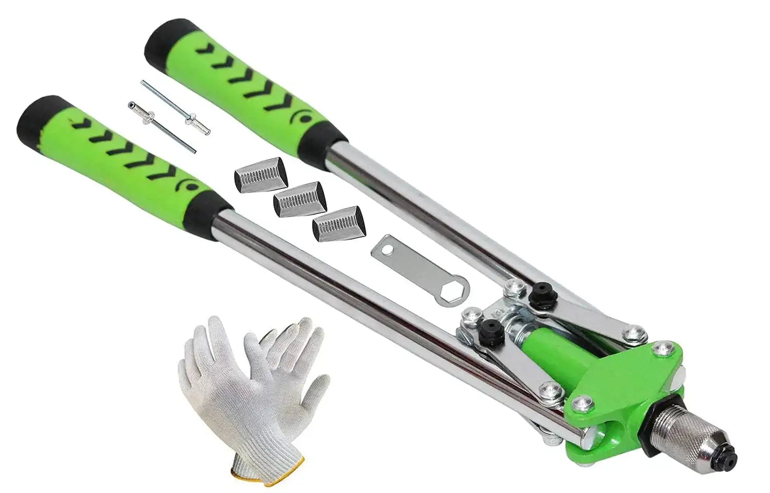 Hand rivet pliers with green grips, adjustable head and steel pin pull tips