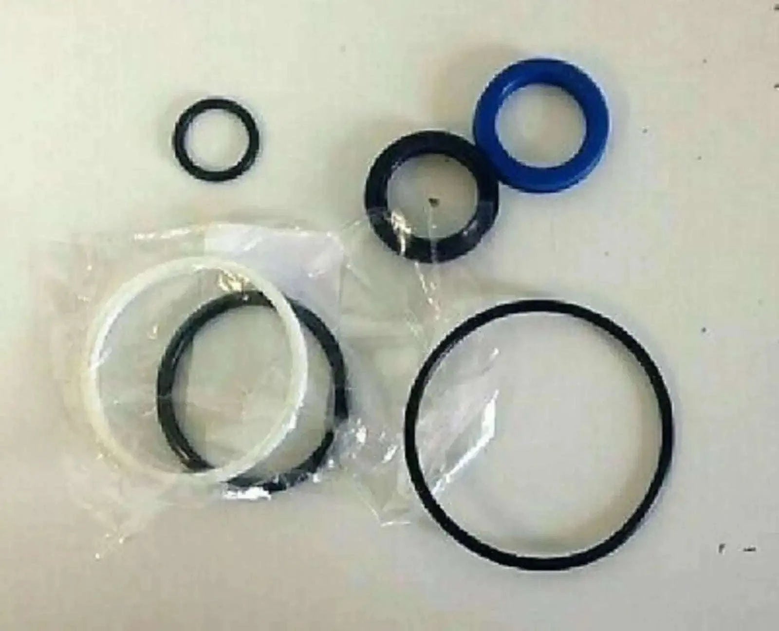 Power steering cylinder repair kit with black and blue O-ring seals in clear bag