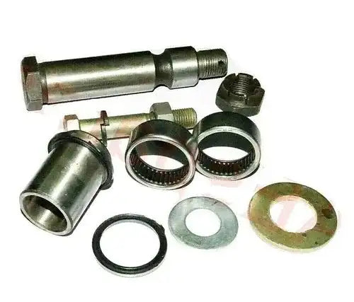 Steering bell crank repair kit with metal rod, bushings, washers, and retaining rings