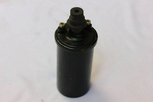 Prestolite 12V ignition coil for Willys Jeep with a black cylindrical design and two connection terminals