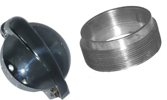 Fuel tank flip-top fuel cap with black knob and silver filler neck