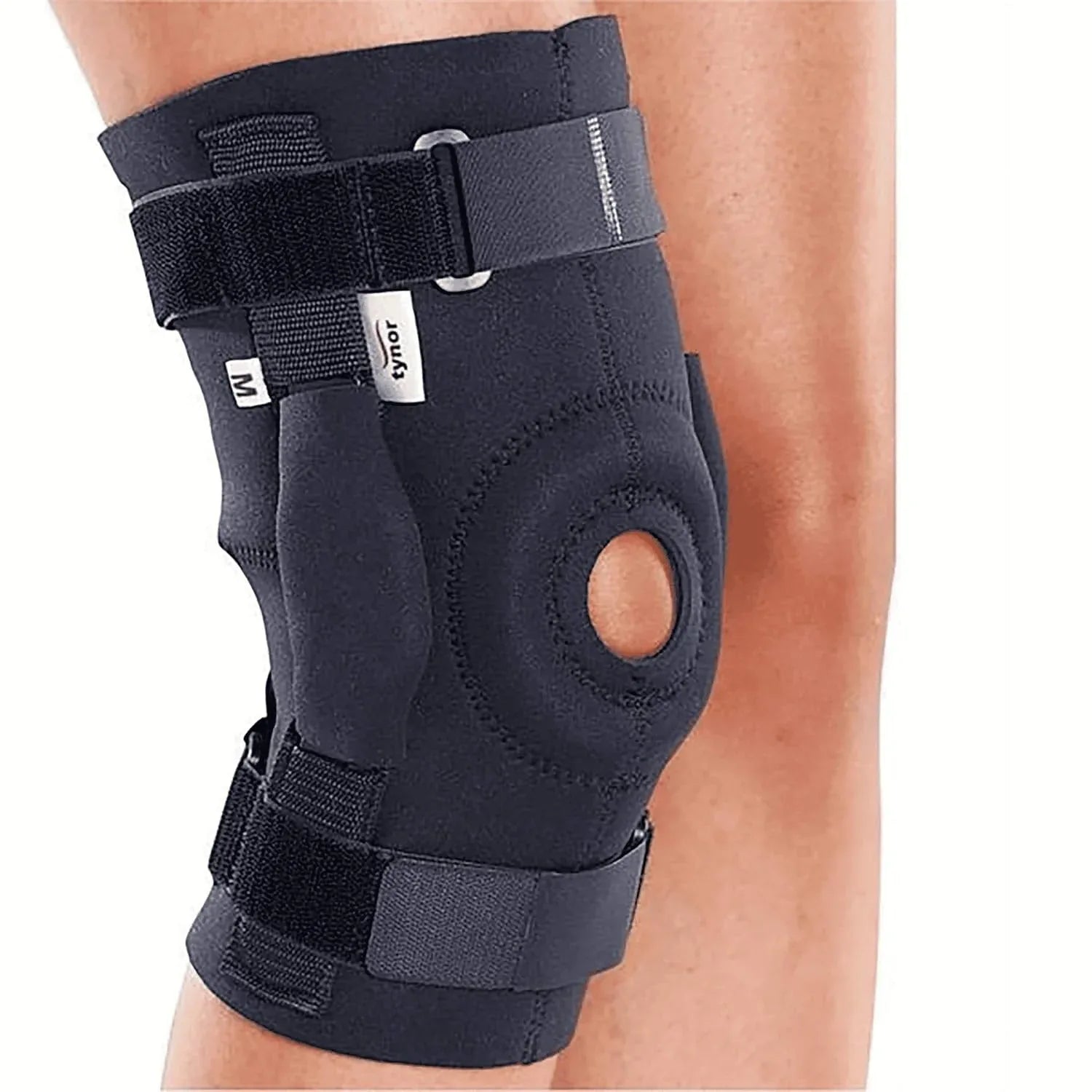 Hinged knee brace with dark neoprene sleeve and adjustable straps