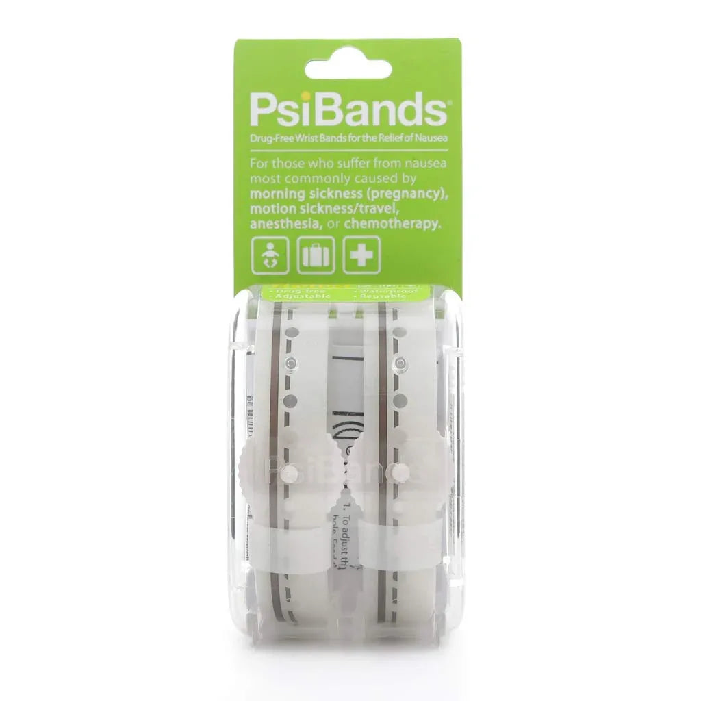PsiBands acupressure wrist bands, clear packaging with white straps and gray pressure pads