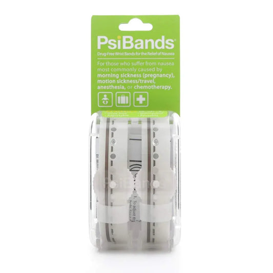 PsiBands acupressure wrist bands, clear packaging with white straps and gray pressure pads