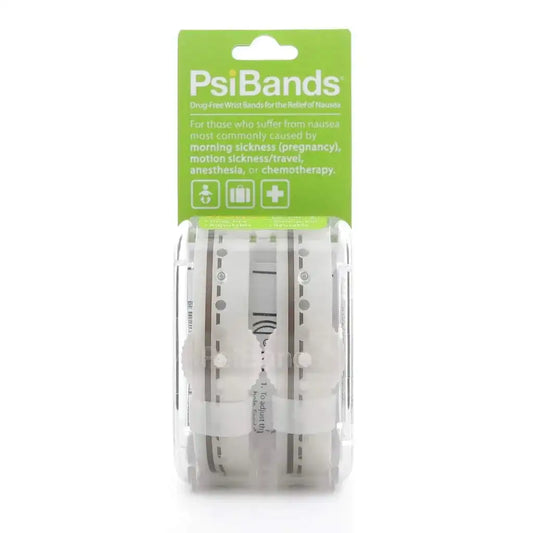 PsiBands acupressure wrist bands, clear packaging with white straps and gray pressure pads