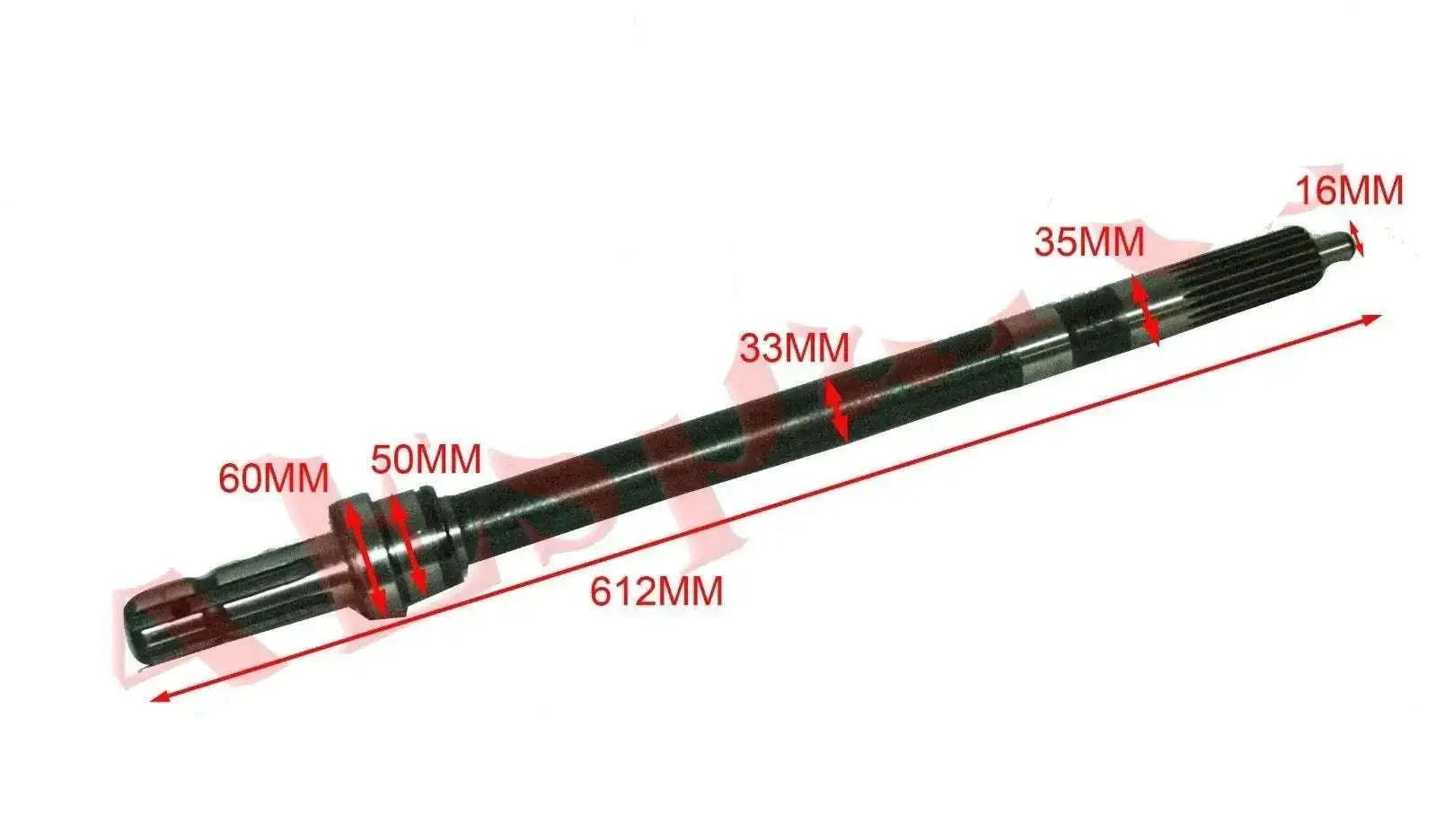 PTO drive shaft with splined ends, black shaft, red measurement marks