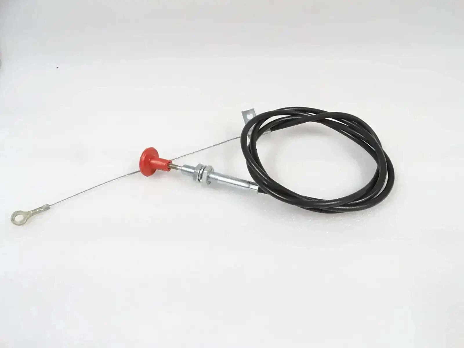 Tractor choke pull cable with red knob, metal fitting and black cord loop
