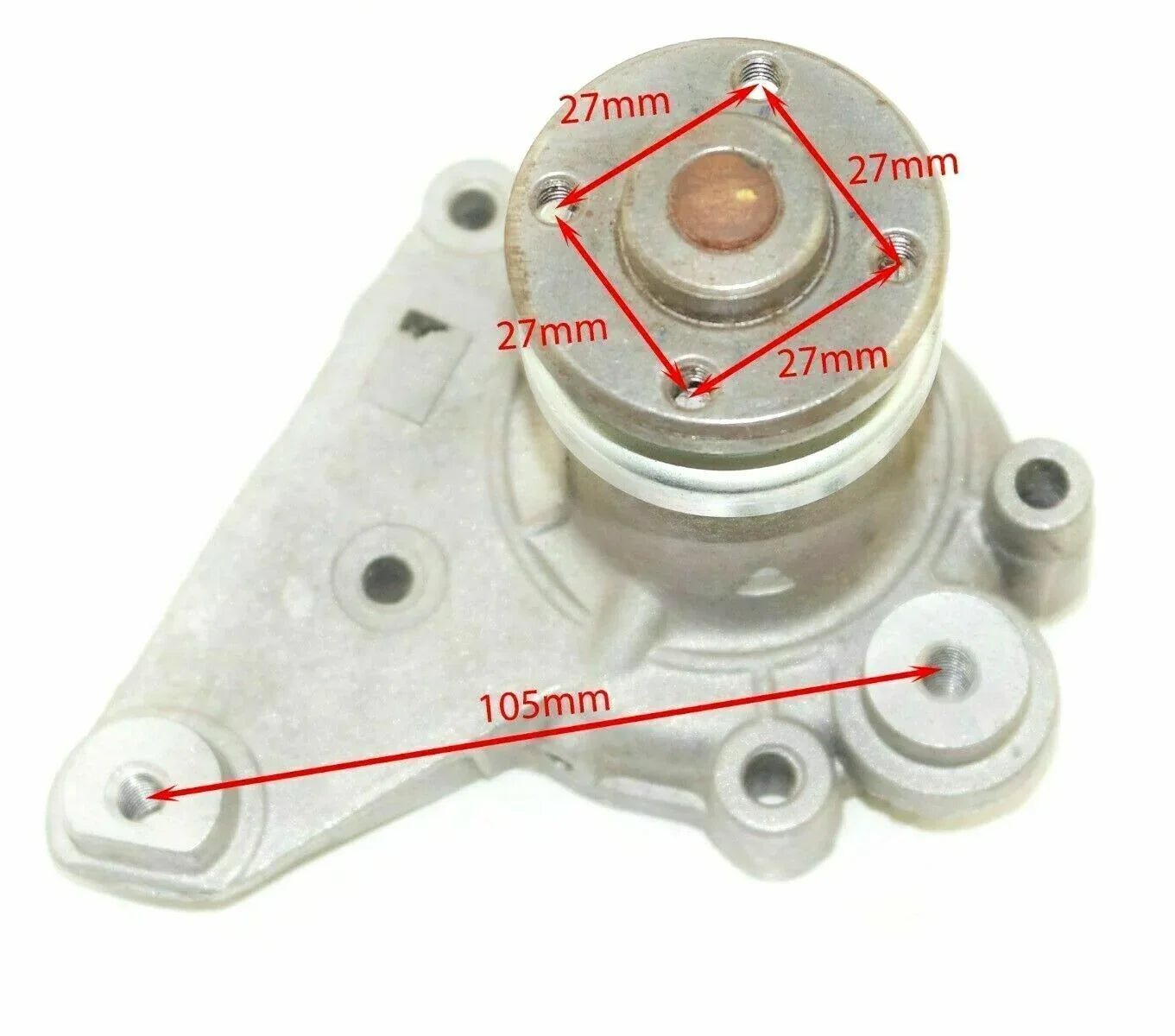 Water pump assembly with circular housing and mounting bracket, metallic silver