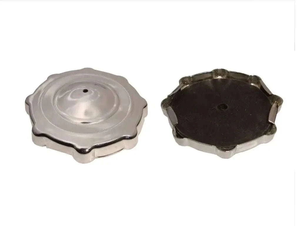 Metallic push gas tank cap with central fill, top and underside views