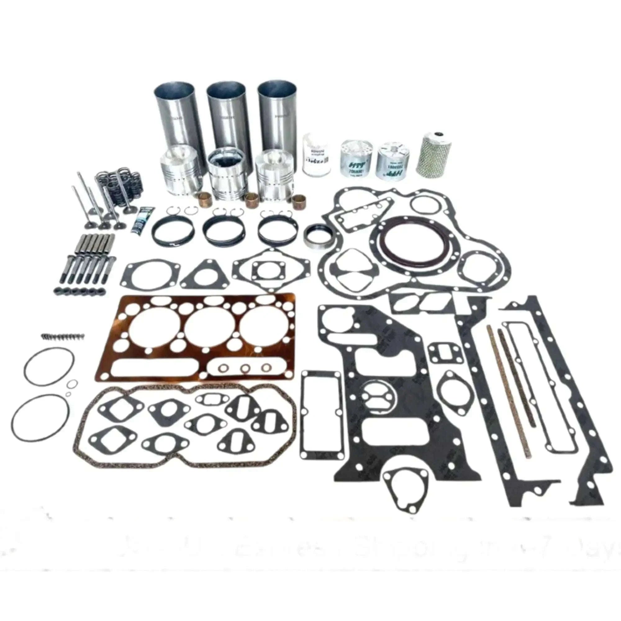 Engine rebuild kit parts set with cylinder liners, gasket sheets, and piston rings