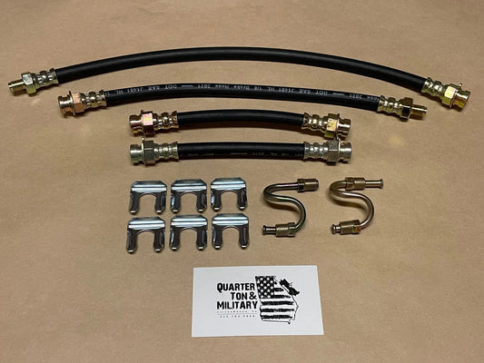 Brake hose kit with black rubber hoses and metal fittings, plus clips and brackets