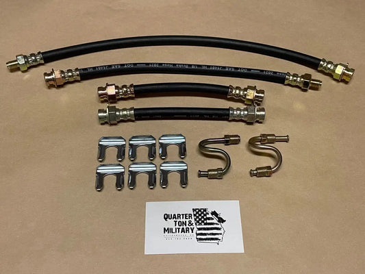 Brake hose kit with black rubber hoses and metal fittings, plus clips and brackets