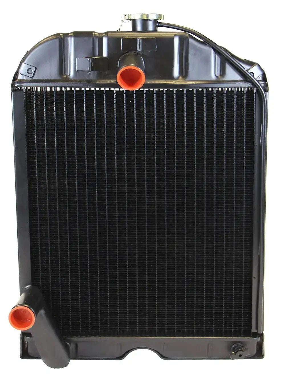 Tractor radiator with black core, metal frame, and orange inlet and outlet ports