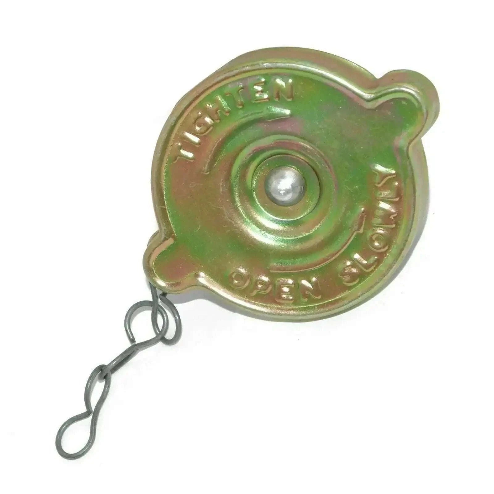 Radiator coolant cap, green steel with embossed text and attached metal chain