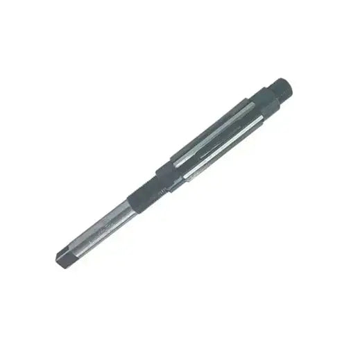 Adjustable hand reamer angled, dark handle and exposed silver cutting flutes