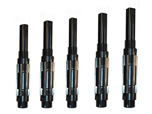 Adjustable hand reamer set with five metal reamers, knurled handles
