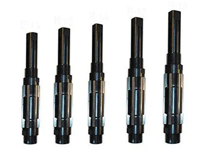 Adjustable hand reamer set with five metal reamers, knurled handles