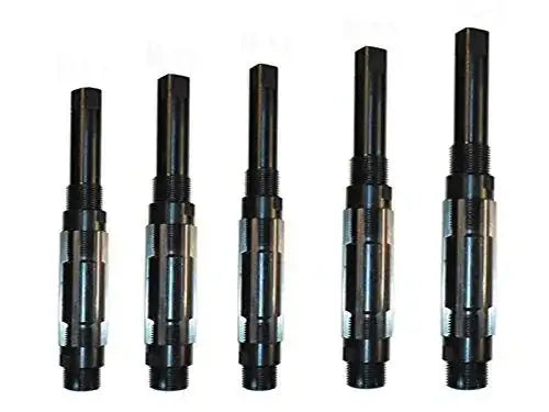 Adjustable hand reamer set with five metal reamers, knurled handles