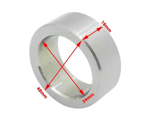 Gray metal rear axle cone bushing with 18mm, 34mm, 8mm measurements marked