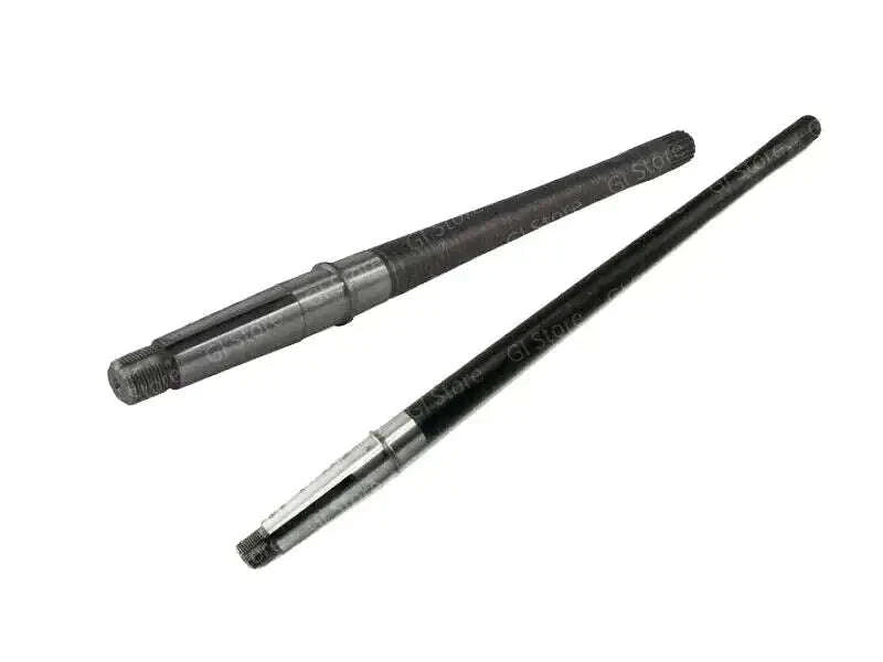 Rear axle shaft pair with splined ends and metal collars, dark and silver