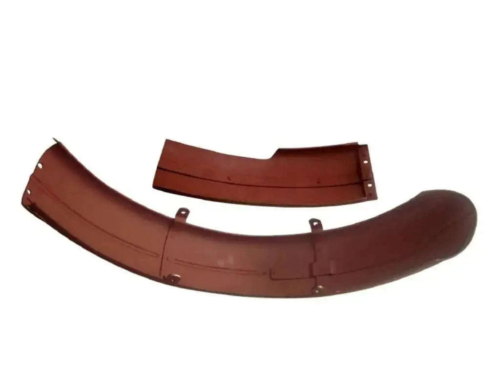 Rear steel mudguard fender, curved brown metal with mounting holes