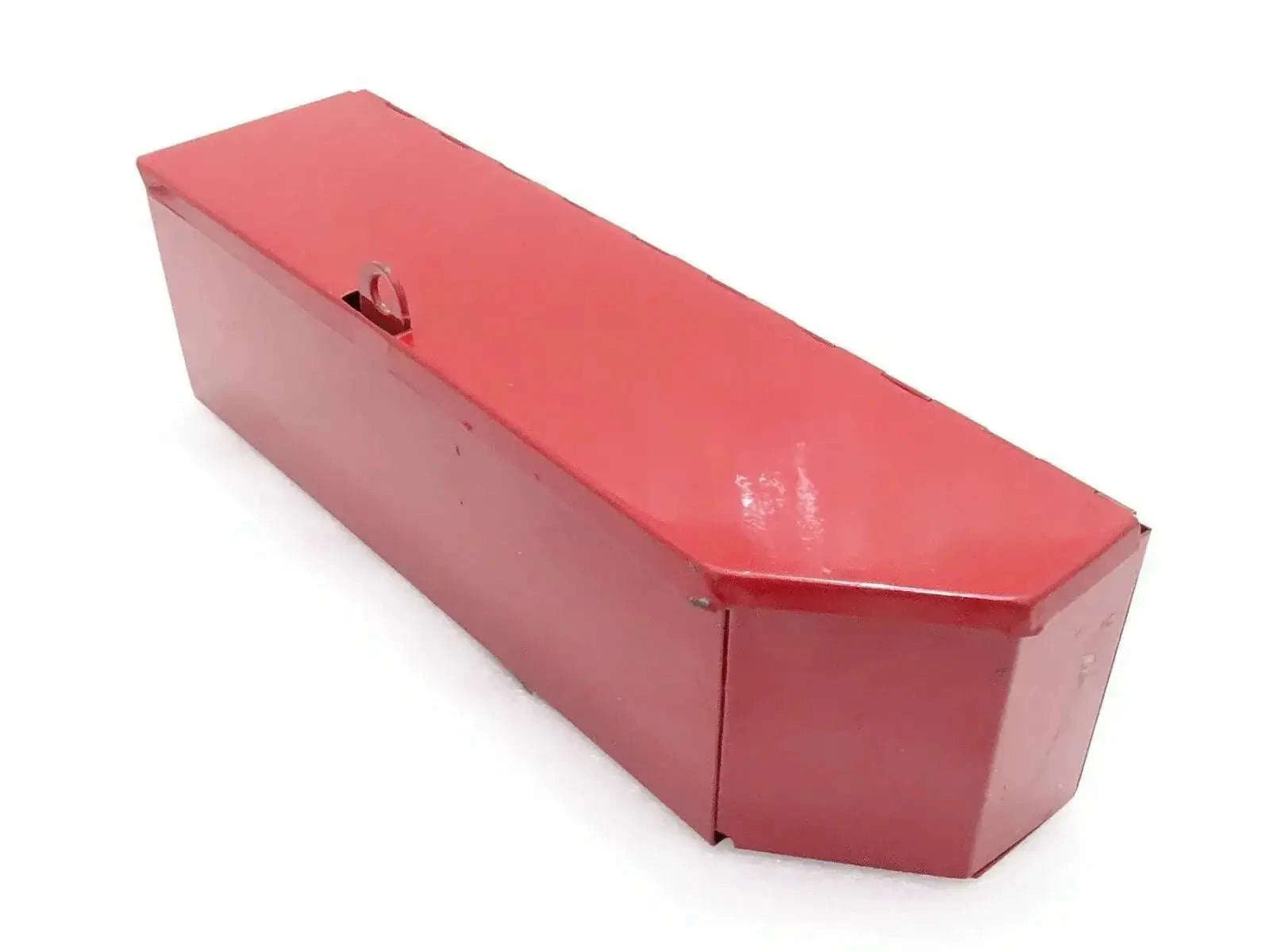 Red painted tool box for tractors, rectangular metal case with lid and latch