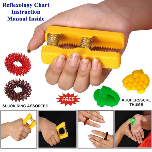 Yellow acupressure hand exerciser palm roller with metal spring grips
