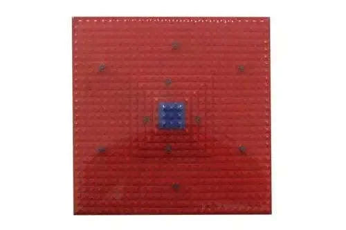 Red magnetic reflexology foot mat with blue square center magnet and raised dot studs