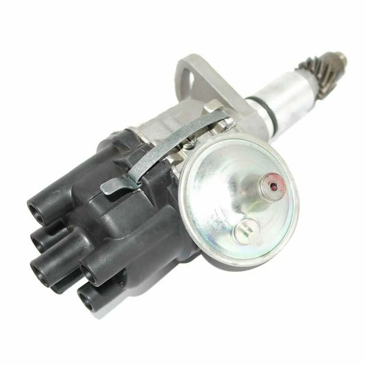 Car engine ignition distributor with black plastic housing and silver round vacuum unit
