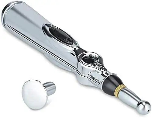 Electronic massage pen with round acupressure head, silver chrome body and black tip.