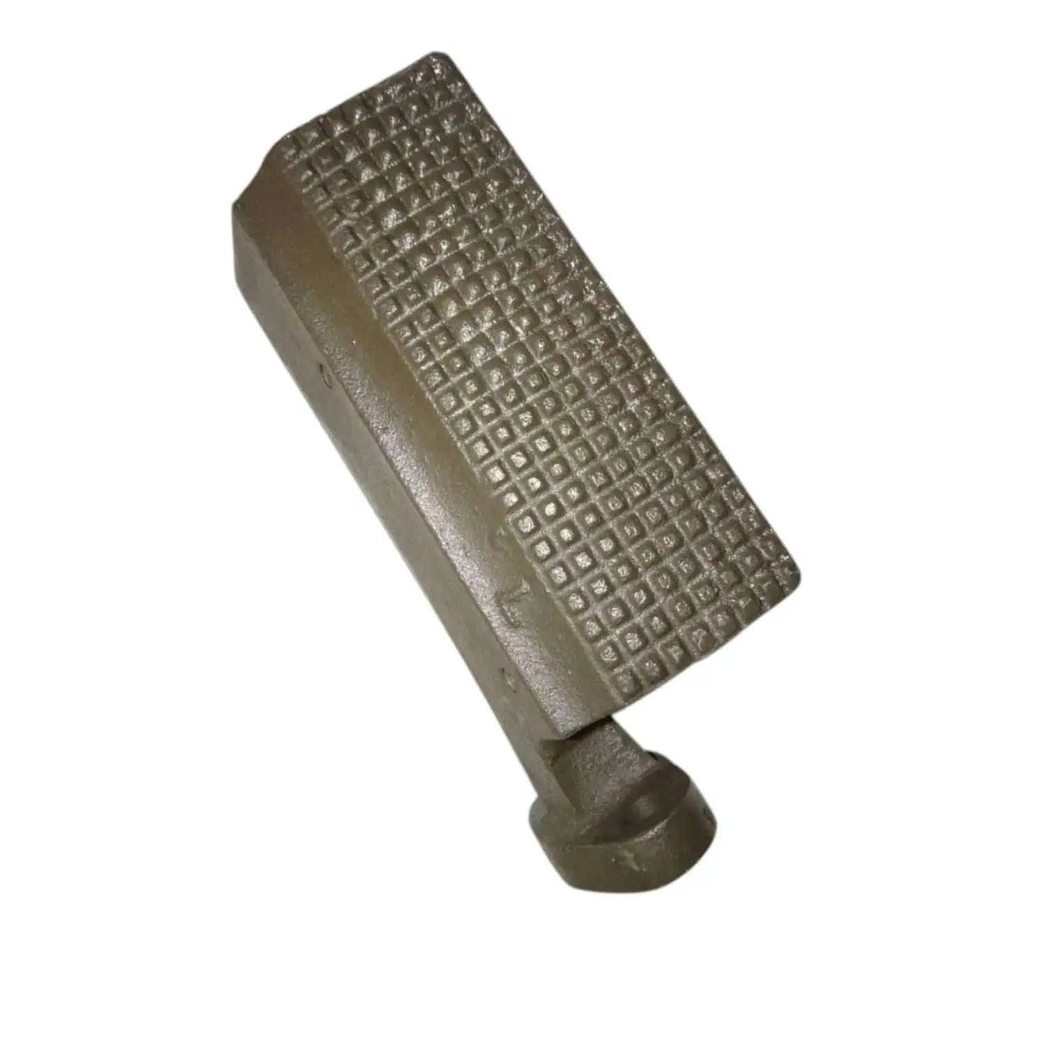 Tractor foot rest in dark olive metal, slanted view with textured diamond grip